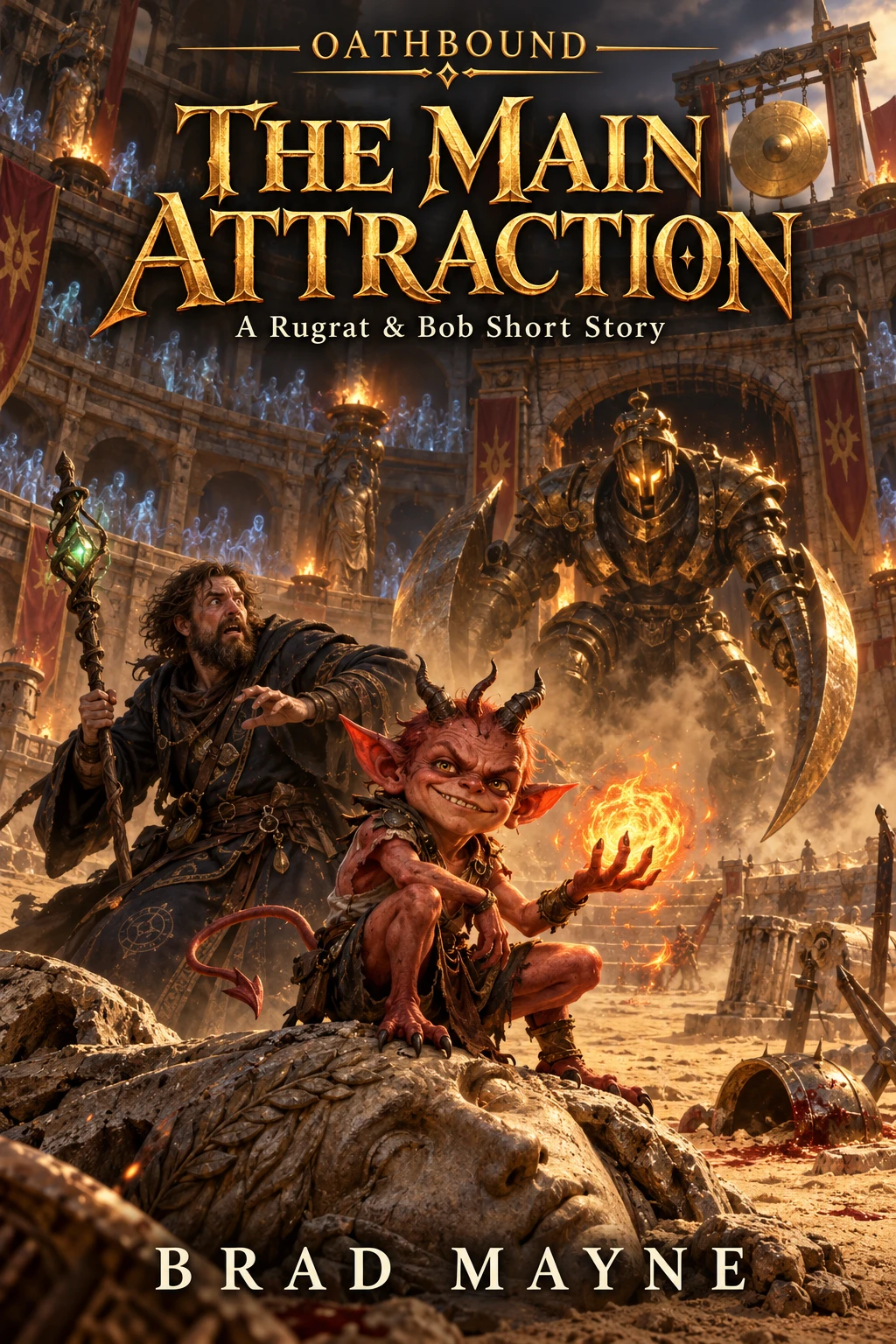 The Main Attraction cover: Bob the imp grins as Rugrat faces a bronze arena monster