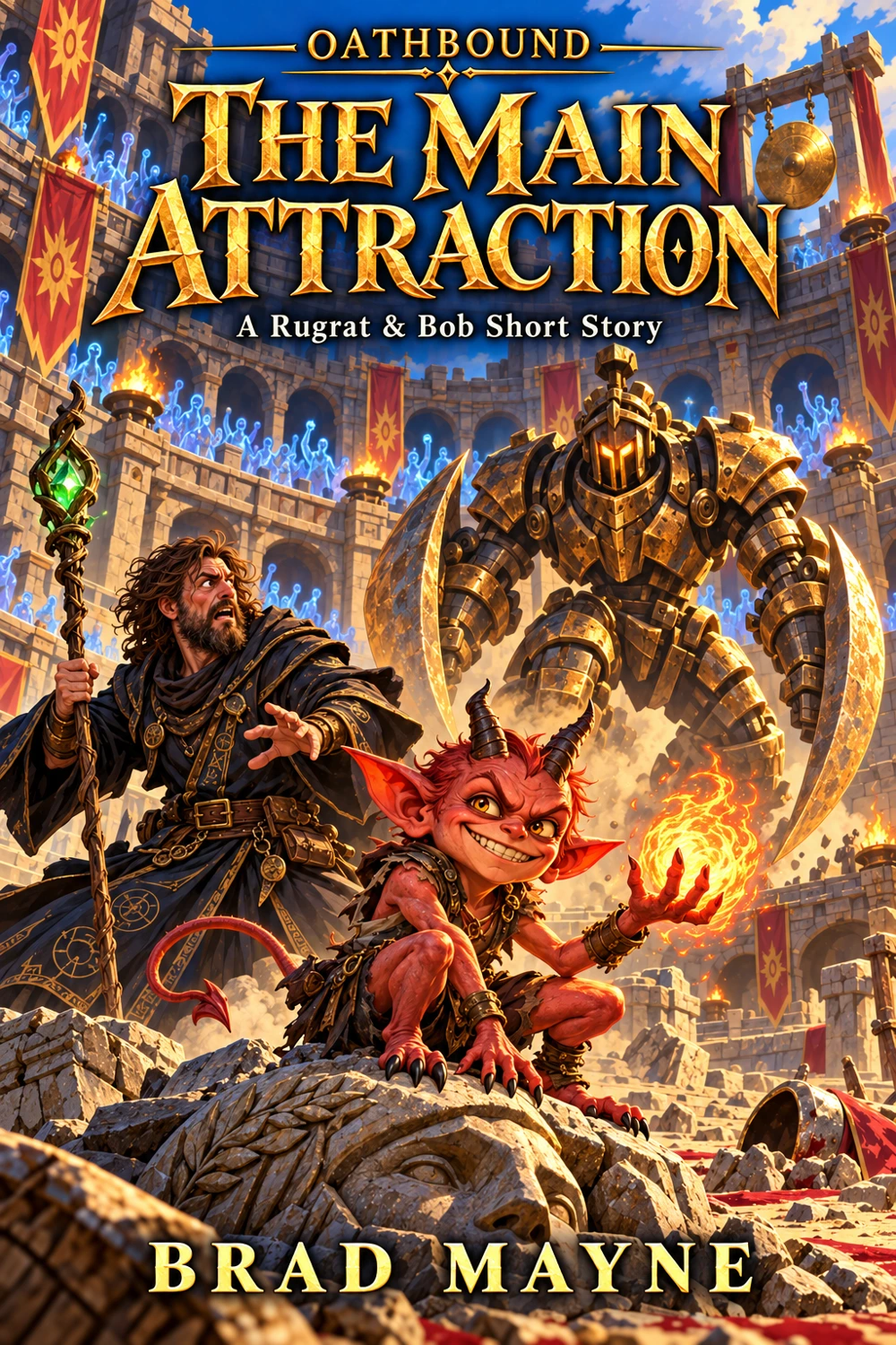 The Main Attraction cover: a stylised illustration of a grinning Bob, Rugrat with his green staff and a bronze arena monster