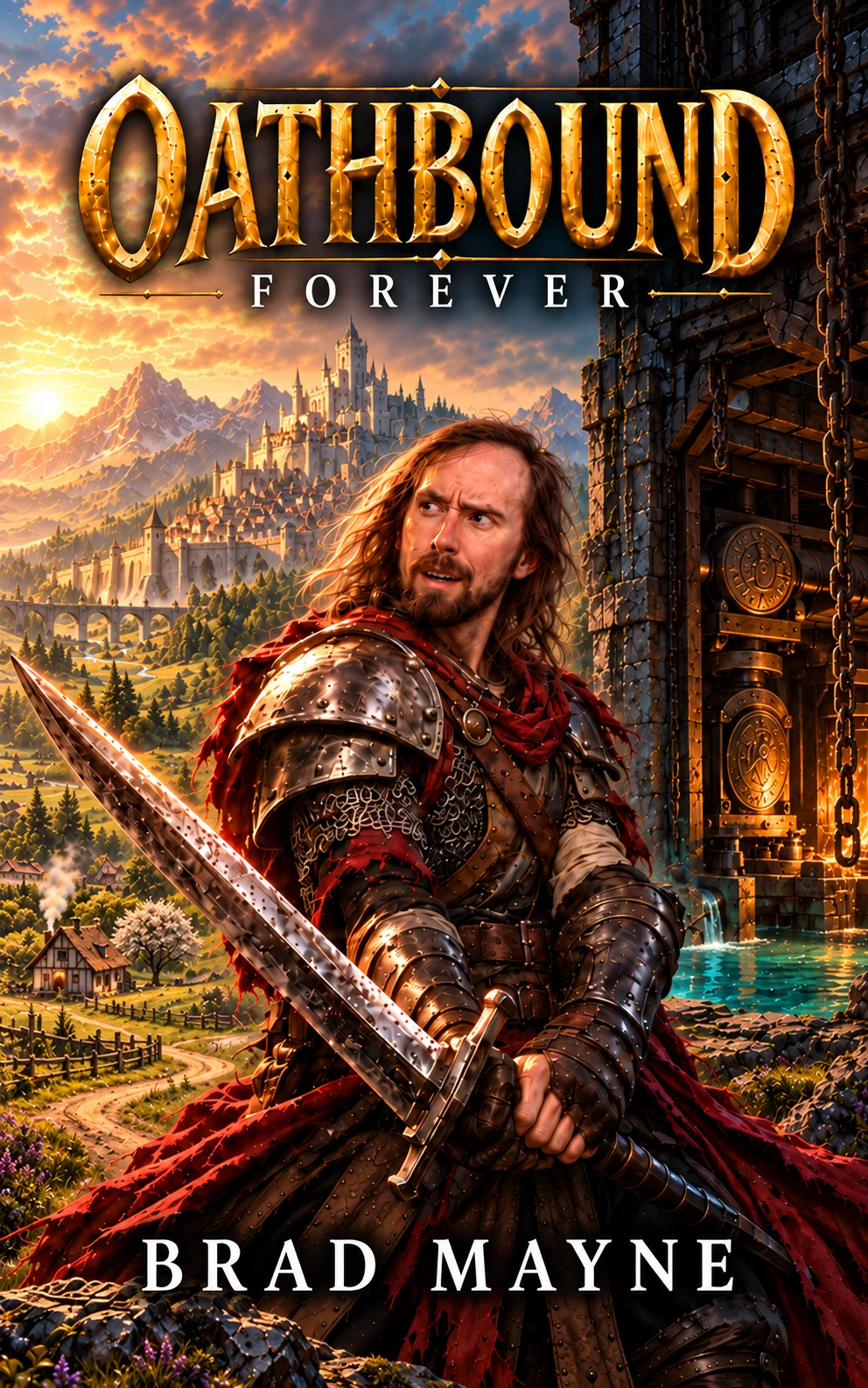 Oathbound: Forever cover, showing Zack in armour holding a sword in a fantasy world