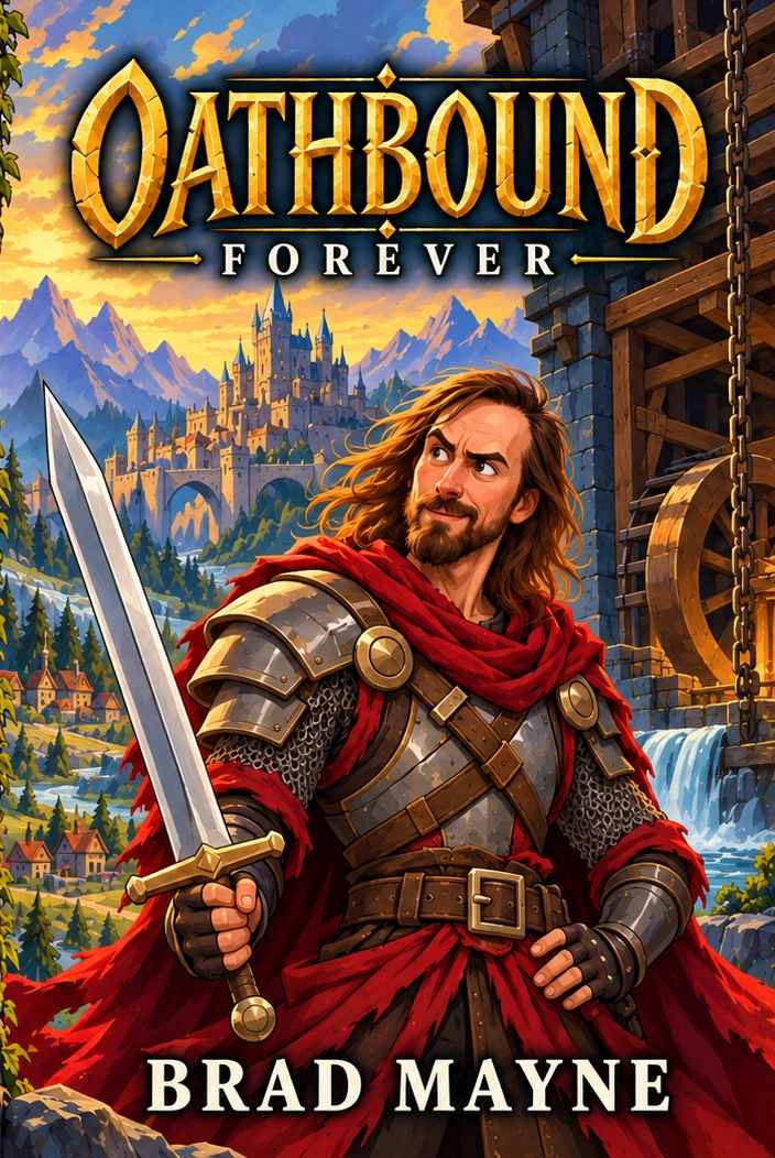 Oathbound: Forever cover, a stylised illustration of Zack with a sword, crimson cloak and a mountain castle