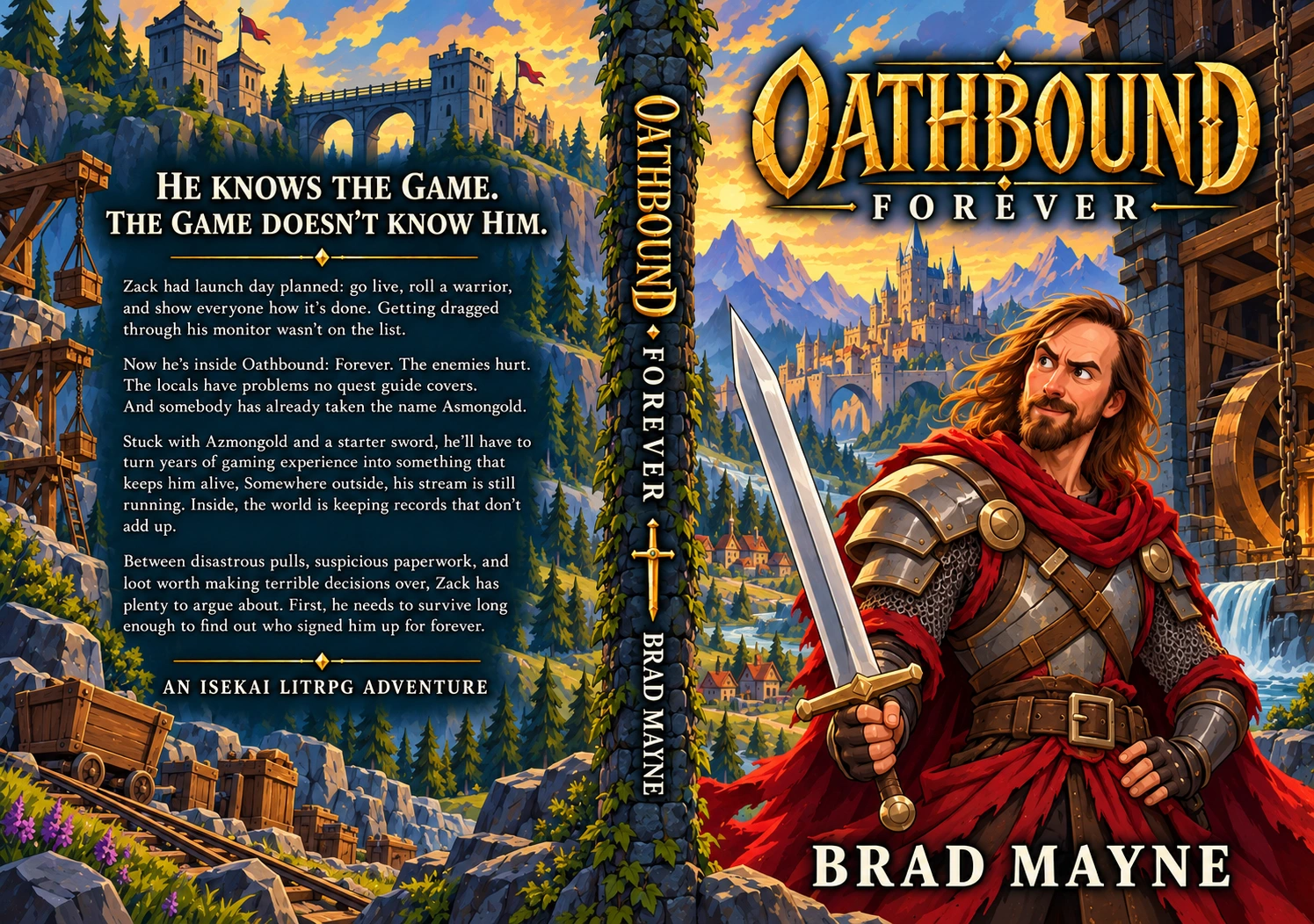 Full illustrated Oathbound Forever cover, with a mountain fortress and mining carts on the back and Zack overlooking Crownreach on the front